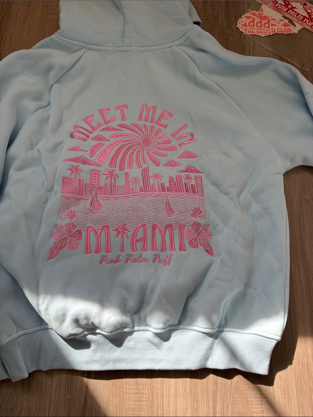 Pink Palm Puff Meet me in Miami Logo Light Blue Hoodie - Pink Embroidery - Picture 5 of 7